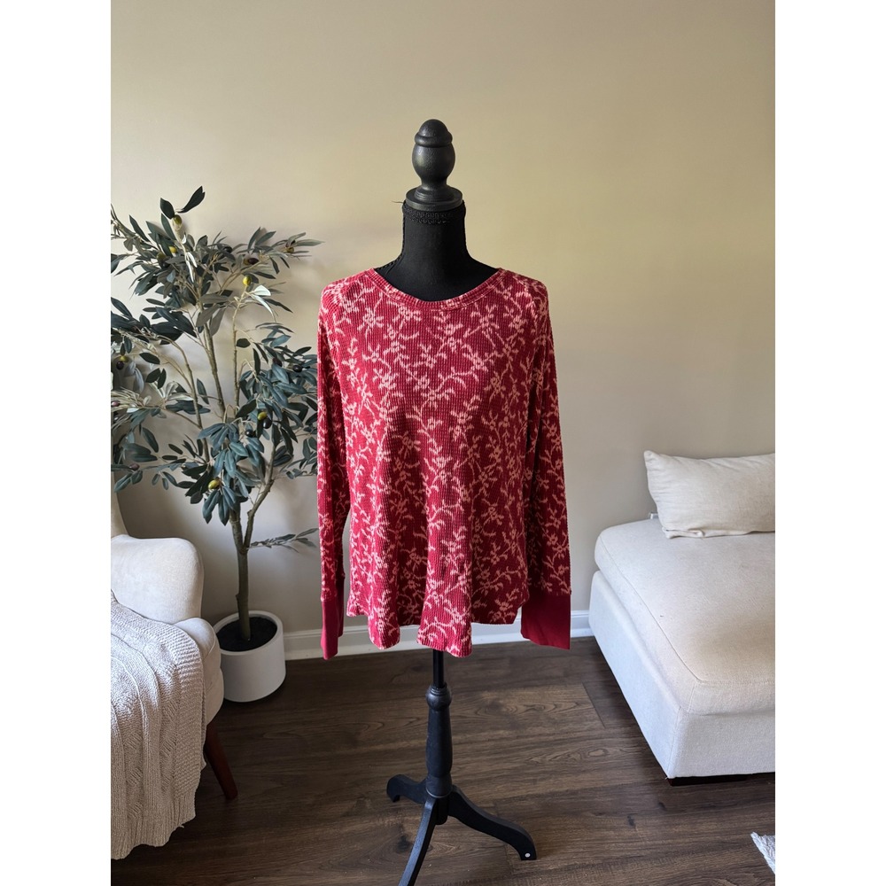 Knox Rose Burgundy Red Floral Waffle Knit Thermal Long Sleeve Top XL